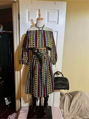 Nuzio Russo Bespoke Batik Geometric Print Pleated Crop Top Skirt 2 Pc Boho Set M